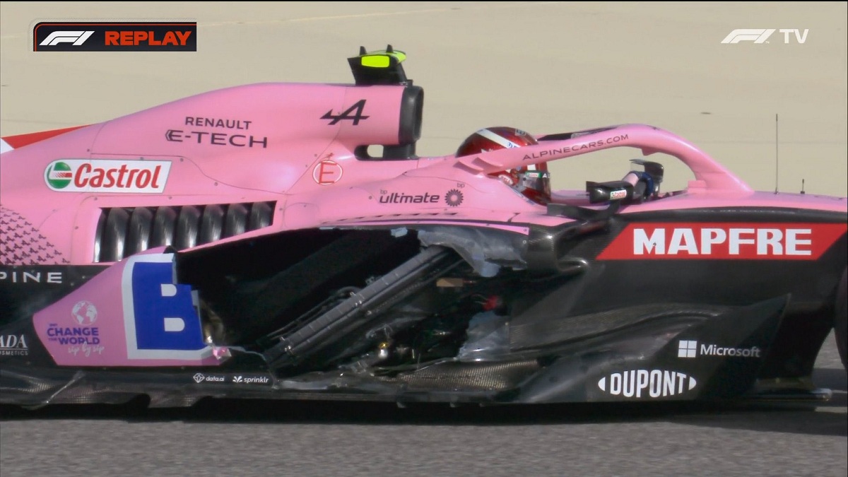 El porpoising destruyó el pontón derecho del Alpine de Ocon. (Imagen F1TV)