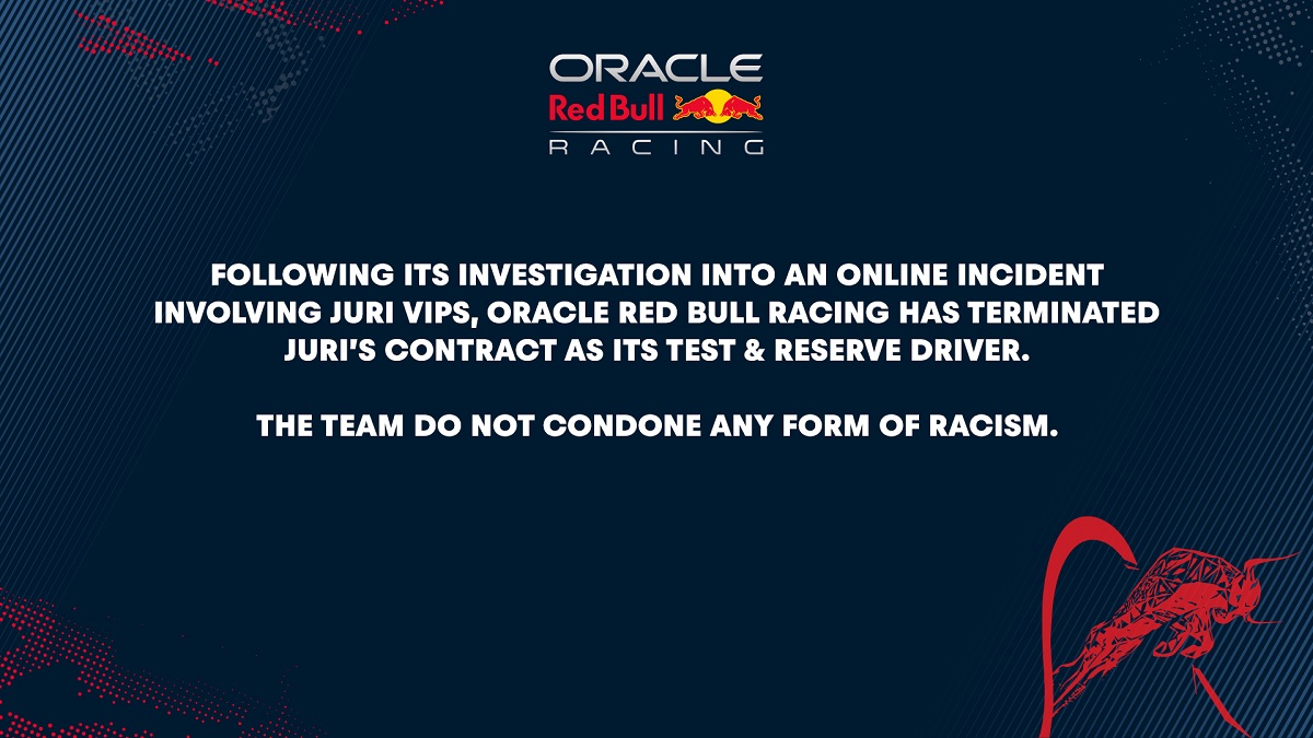 Comunicado oficial de Red Bull anunciando el despido de Vips. (Oracle Red Bull Racing)