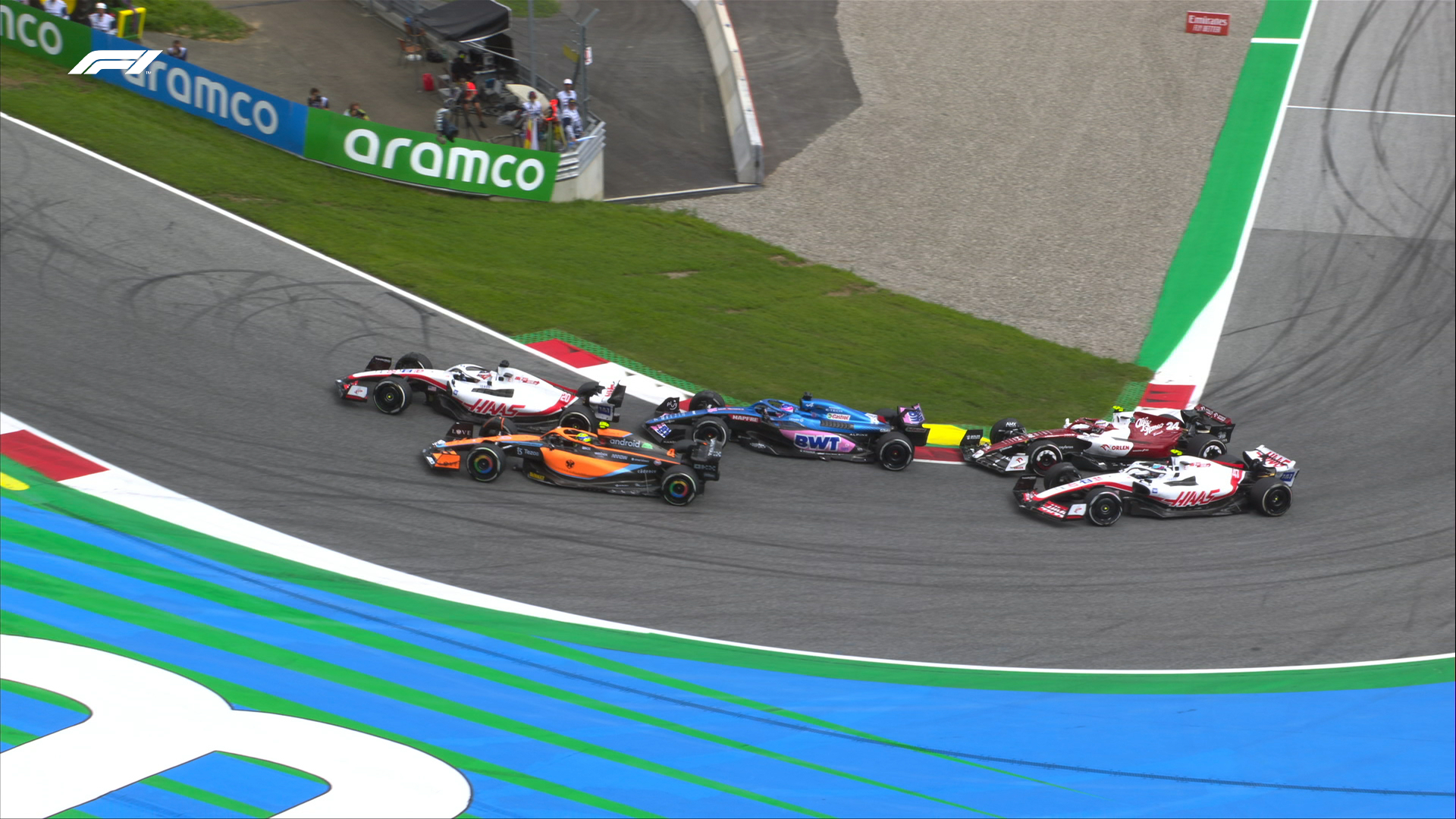 Magnussen Schumacher Alonso Zhou Norris Austria 2022 Carrera//F1TV