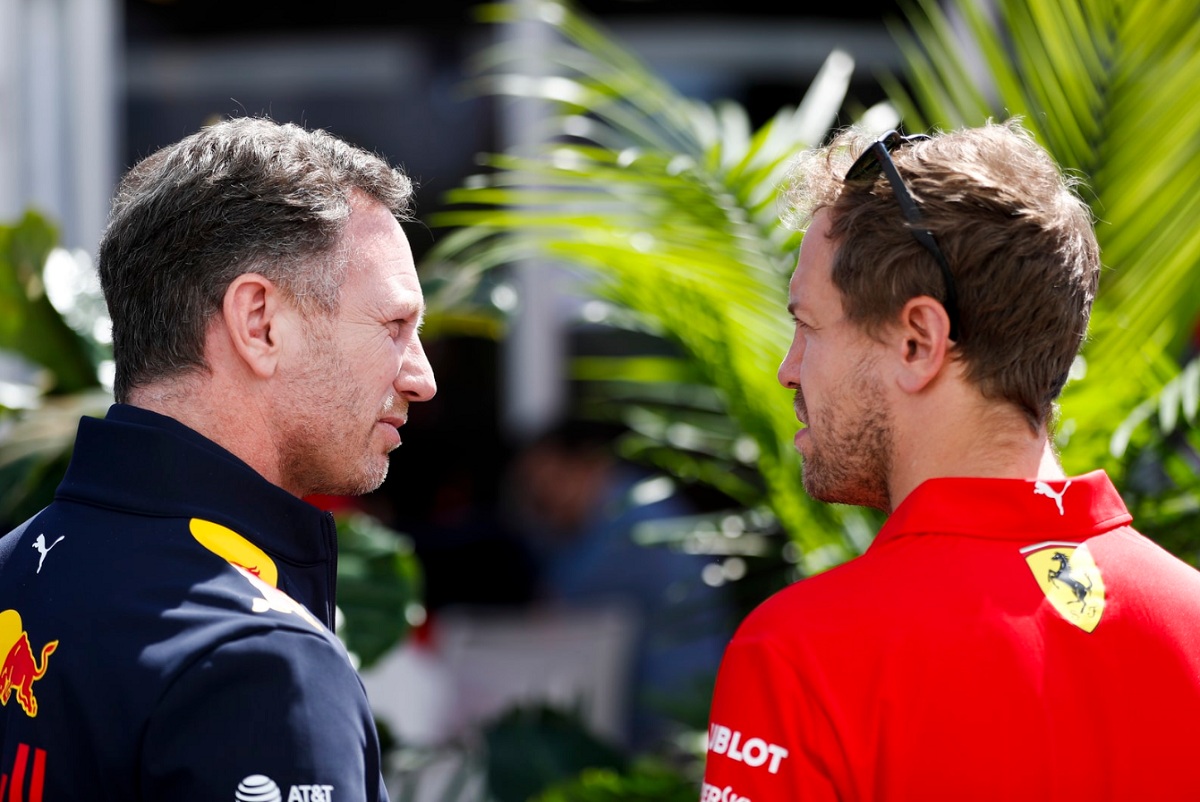 Christian Horner y Sebastian Vettel en 2019. (Zak Mauger)