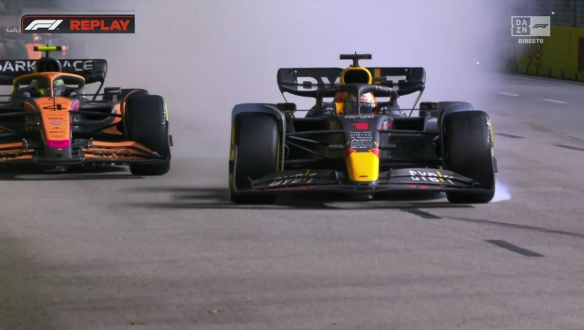 Verstappen buscaba la cuarta posición de Norris y se pasó en la frenada de la curva siete. (Imagen TV DAZN)