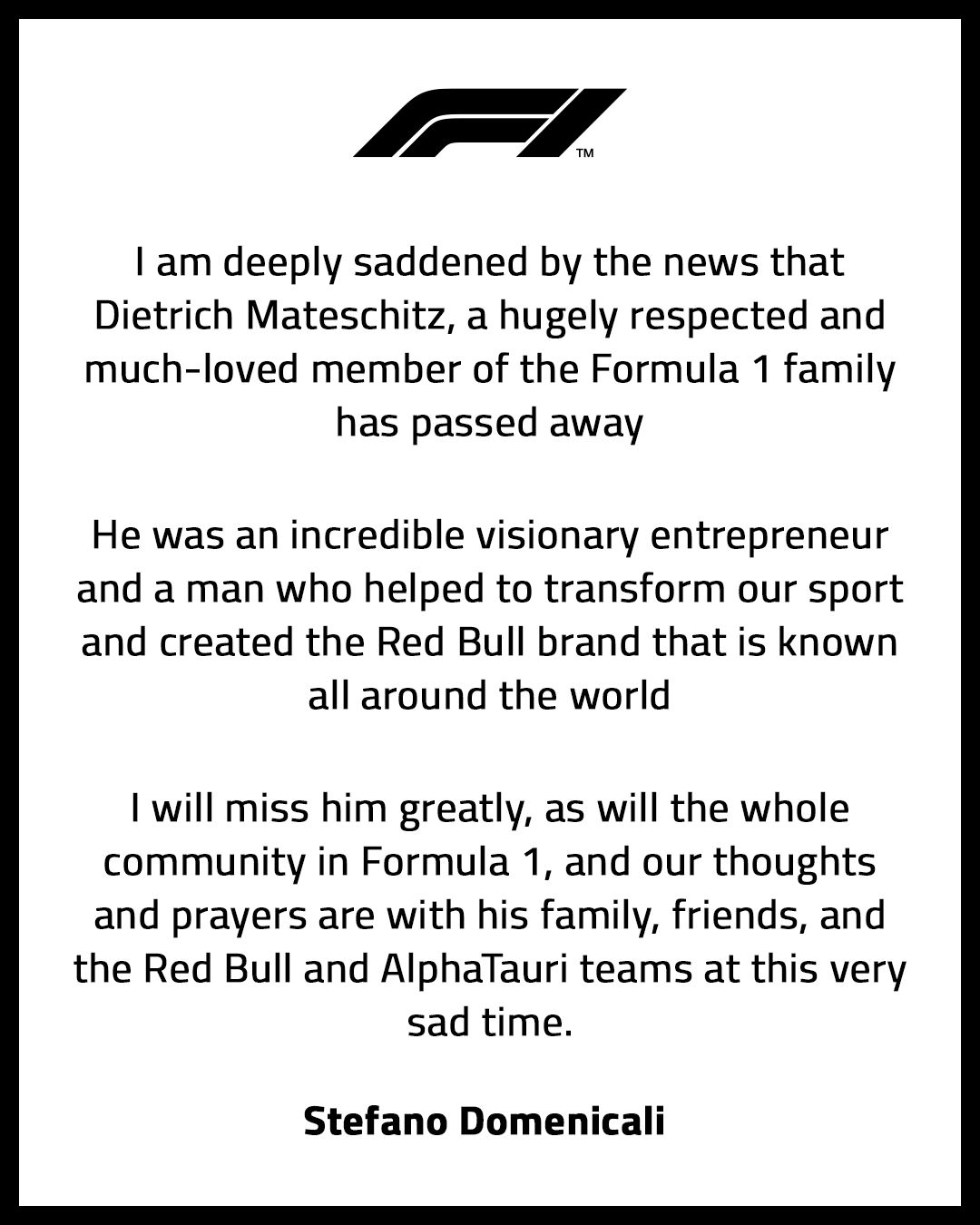 Las condolencias de Stefano Domenicali en nombre de la F1. (F1)