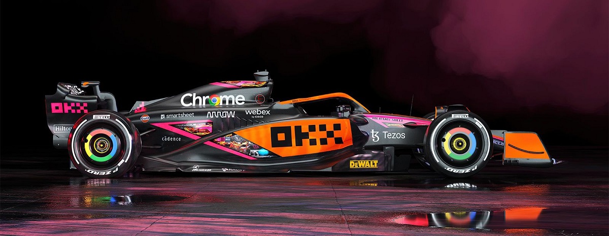 El McLaren luciendo la publicidad de OKX en la presentación como nuevo sponsor en mayo pasado. (Archivo / McLaren Racing)