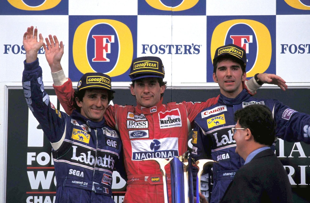 El podio en Adelaida, el día que Senna y Prost hicieron las pases después de cientos de batallas. (Archivo / Ercole Colombo, 1993)