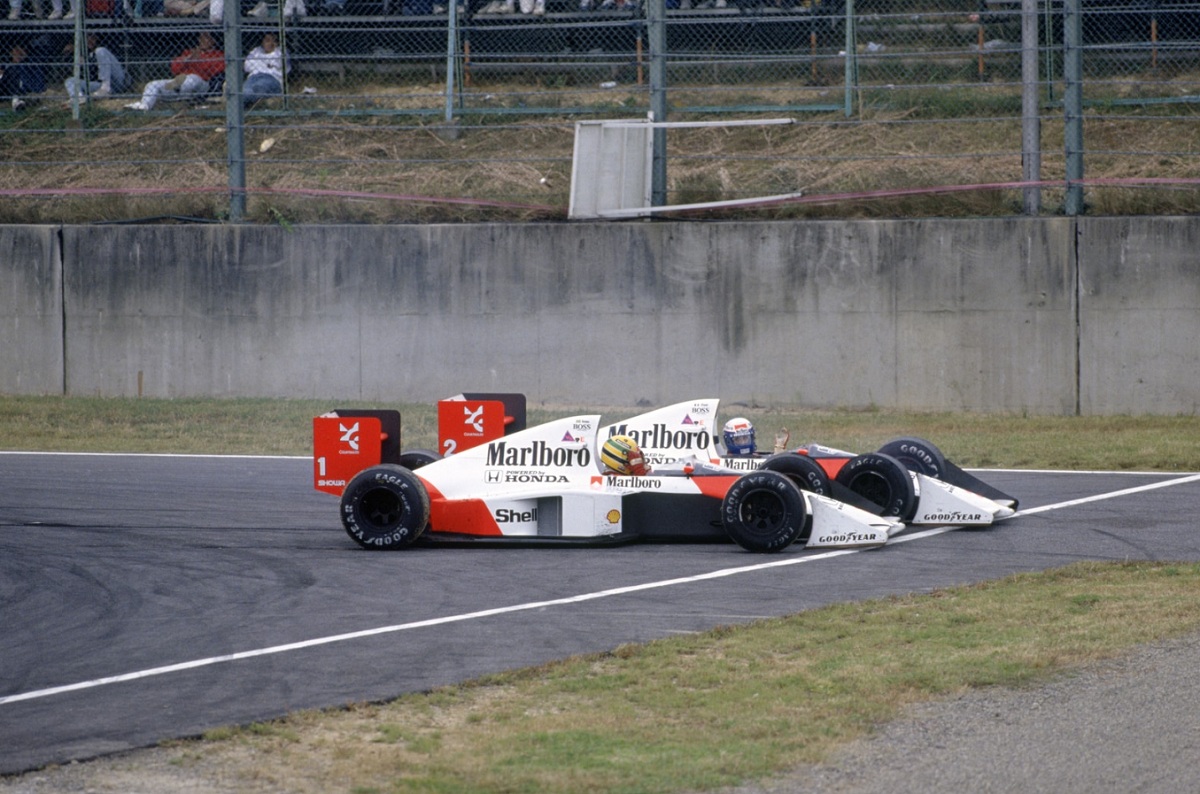 El momento exacto que nace en Suzuka uno de los duelos más encarnizados que recuerde la F1. (Archivo / Steven Tee, 1989) 