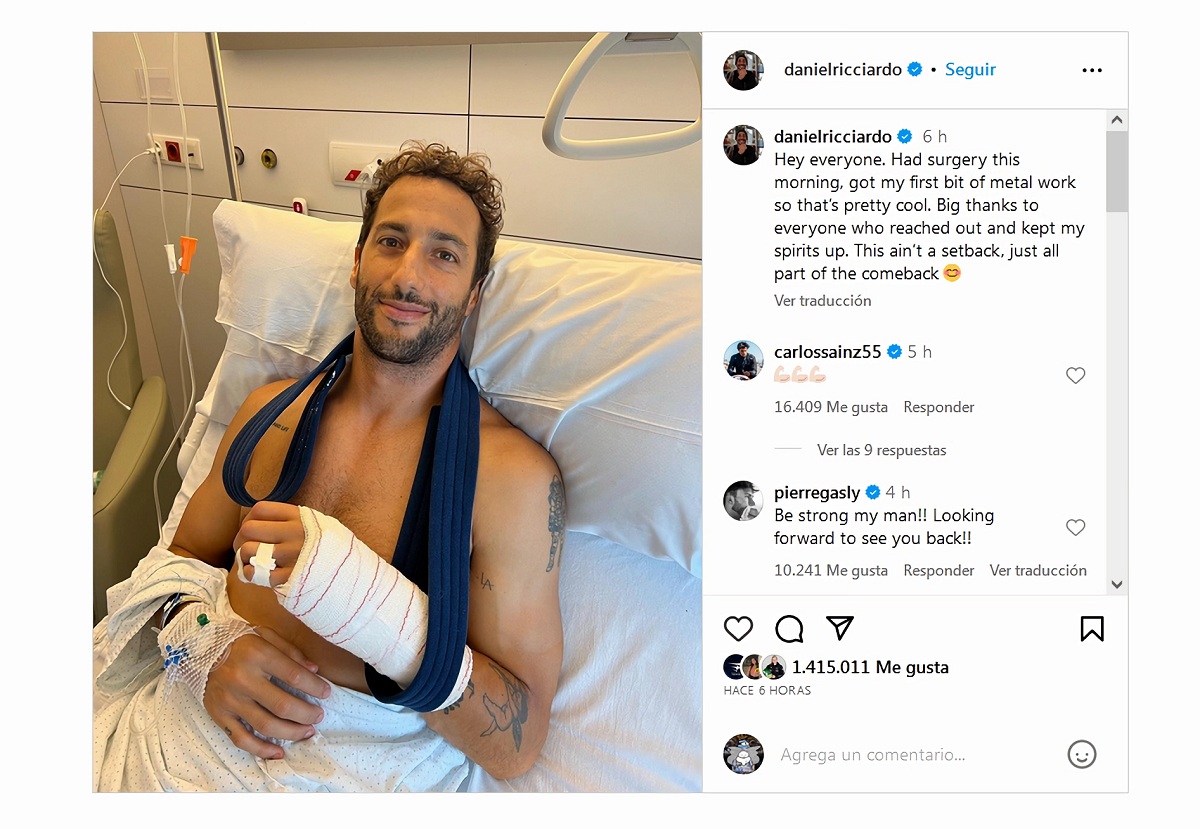 Ricciardo posteó un mensaje de agradecimiento donde no perdió el sentido del humor -entre los mensajes de aliento se aprecia en la captura los de Gasly y Sainz-. (Instagram / @danielricciardo)