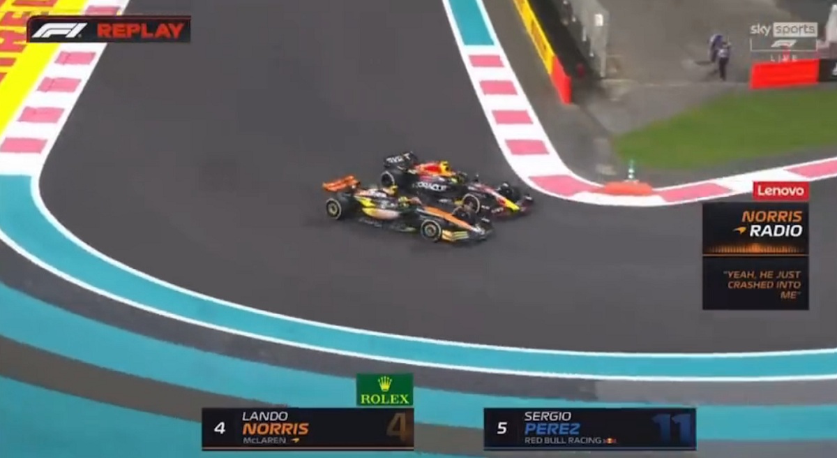 El eje delantero de Pérez está por delante del trasero de Norris antes del vértice de la curva 6. (Imagen TV / Sky Sports F1)