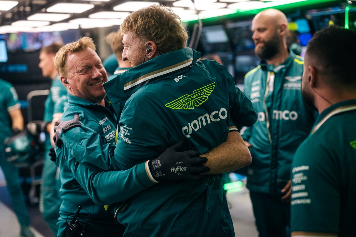 Los festejos en el box de Aston Martin. (Aston Martin Aramco F1 Team)