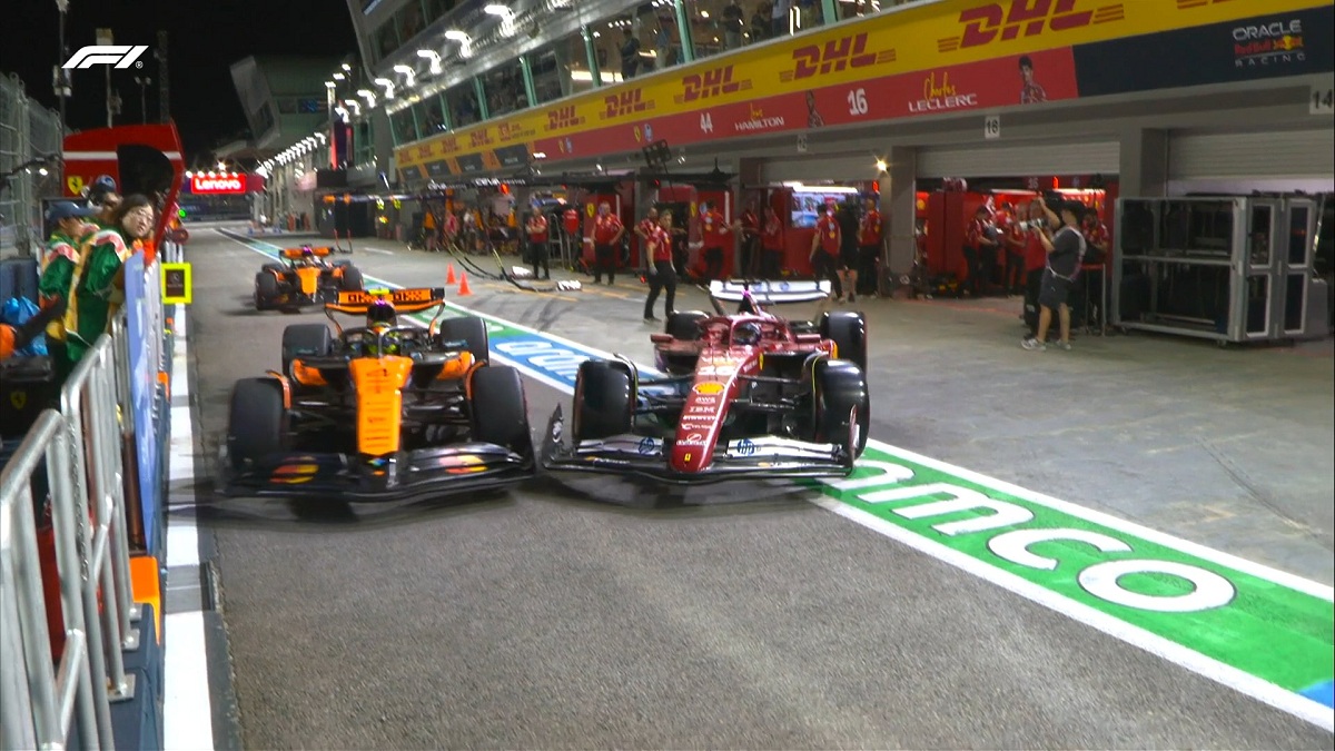 Un error de Ferrari llevó a que Leclerc chocara con Norris en el pit line. (Imagen TV / F1TV)