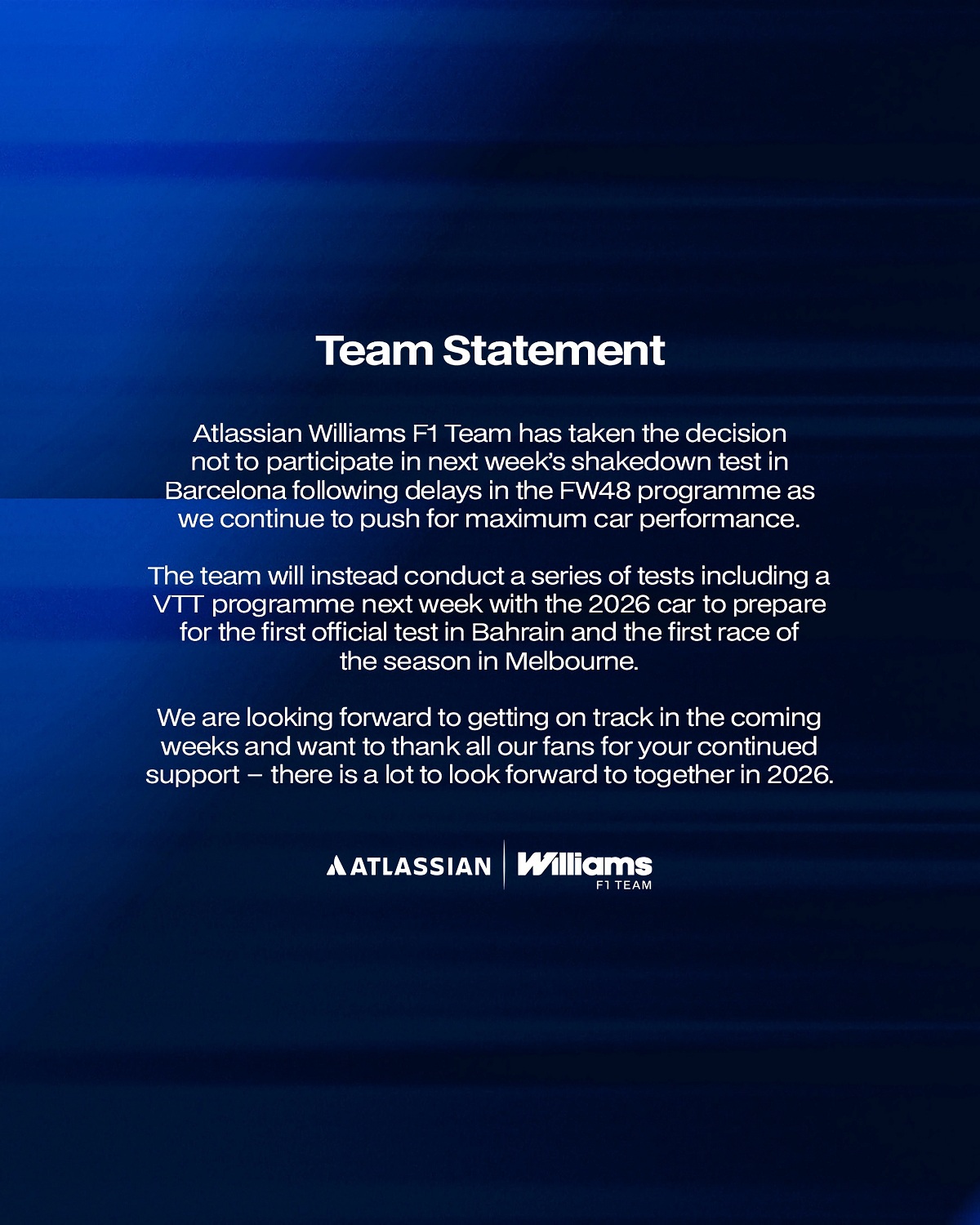 La declaración de Williams difundida a tarvés de sus redes sociales. (Atlassian Williams F1 Team)