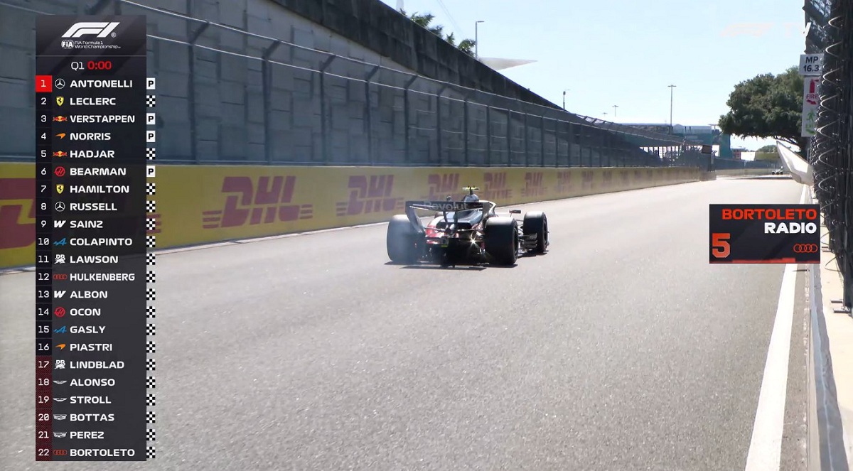 El motor del Audi de Bortoleto dice basta sobre el final de la Q1. (Imagen TV / F1TV)